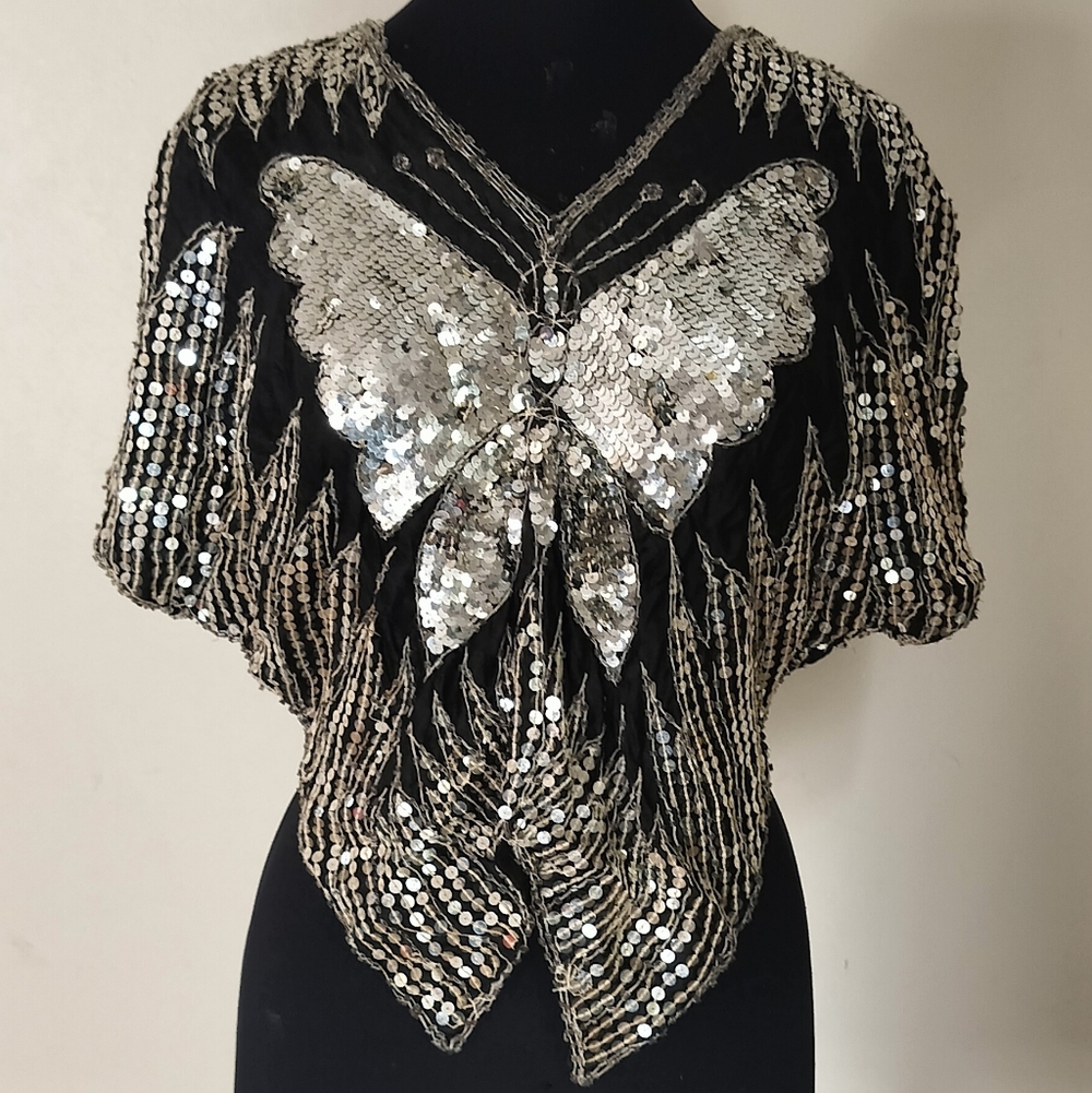 Black Sequin Butterfly Embellished Women's Top